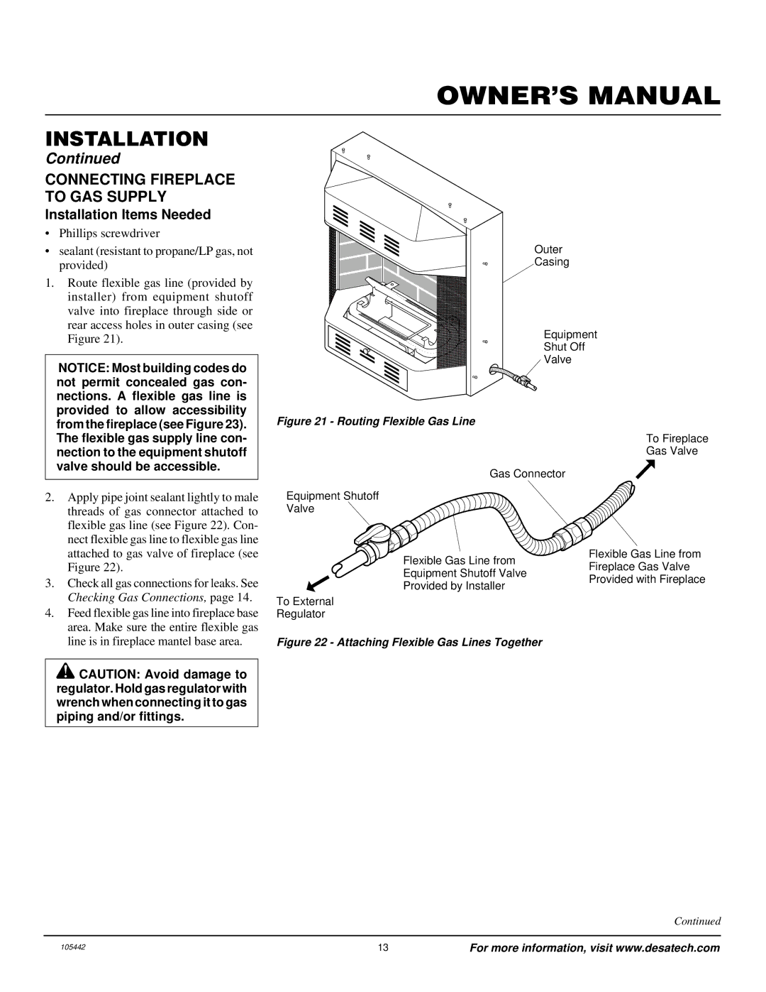 Desa CF26PR installation manual Connecting Fireplace to GAS Supply, Installation Items Needed 