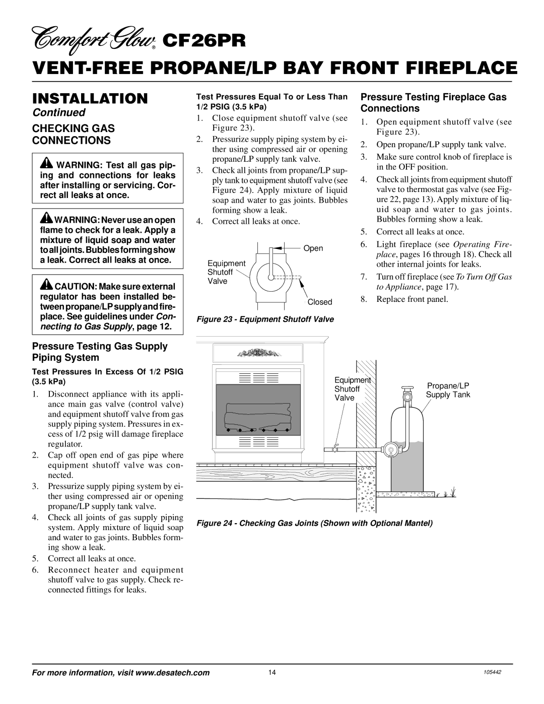 Desa CF26PR installation manual Checking GAS Connections, Pressure Testing Fireplace Gas Connections 