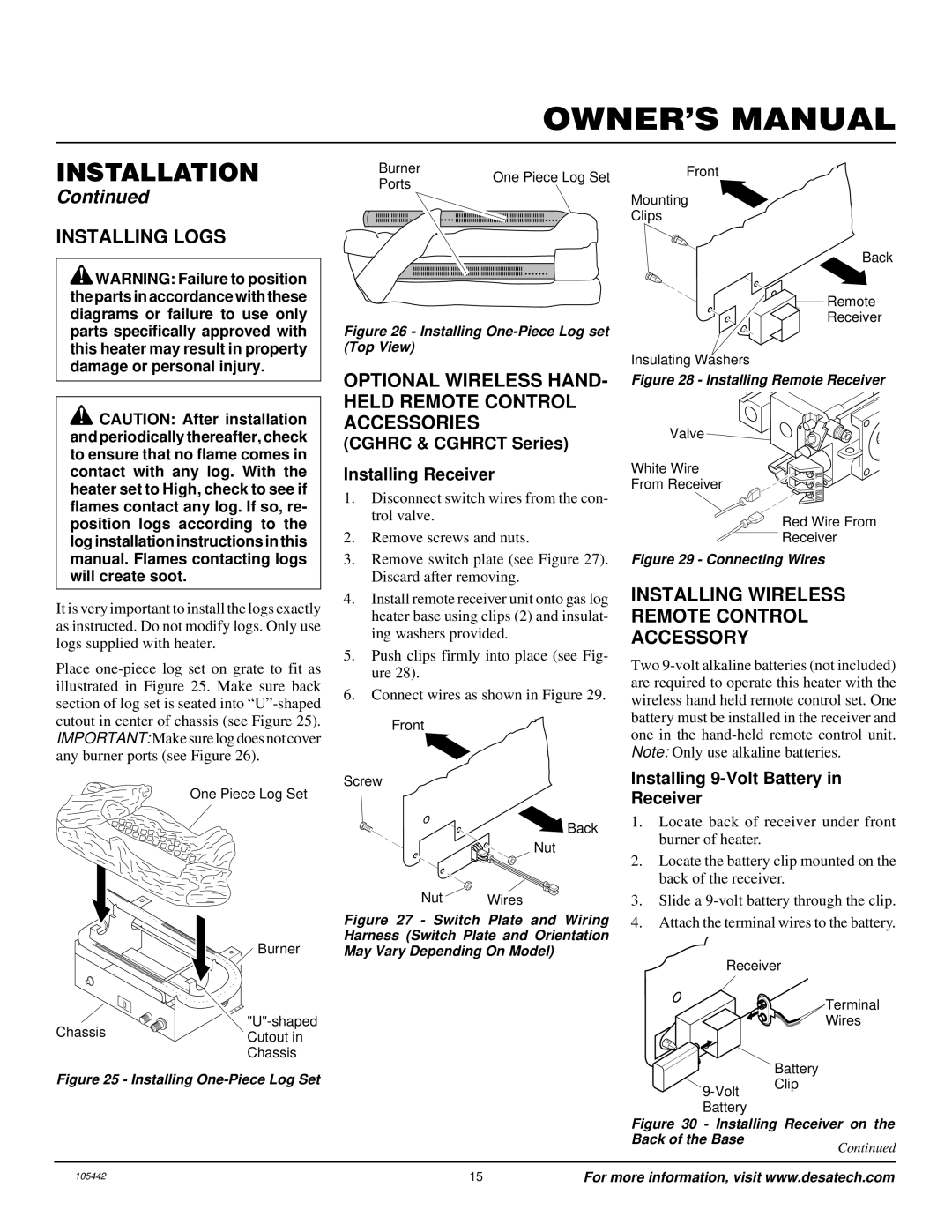 Desa CF26PR installation manual Installing Logs, Optional Wireless HAND- Held Remote Control Accessories 