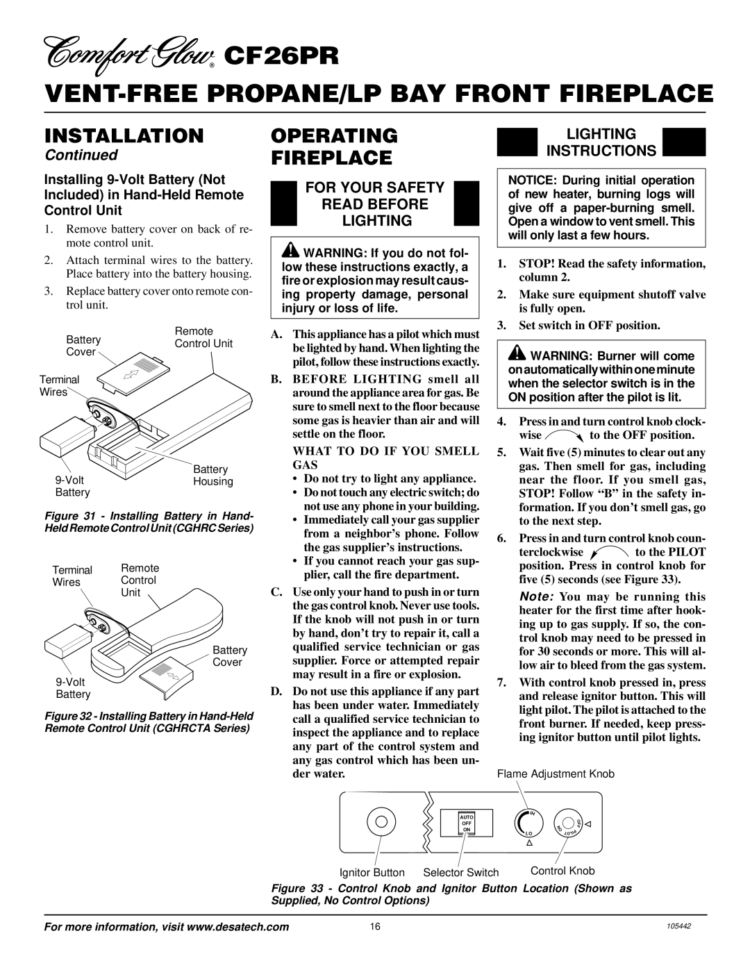 Desa CF26PR installation manual Operating Fireplace, For Your Safety Read Before Lighting Instructions 