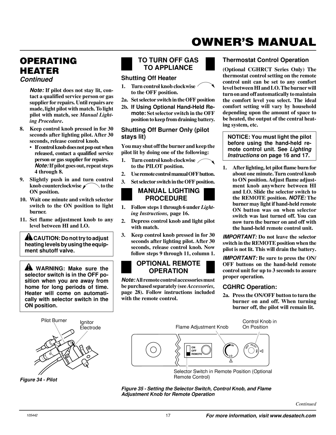 Desa CF26PR Operating Heater, To Turn OFF GAS To Appliance, Manual Lighting Procedure, Optional Remote Operation 