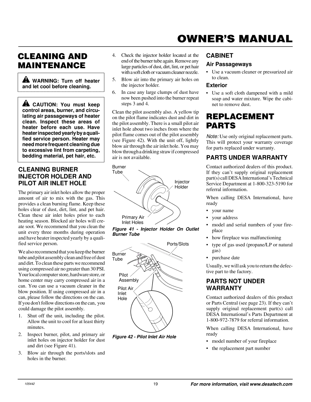 Desa CF26PR installation manual Cleaning and Maintenance, Replacement Parts 