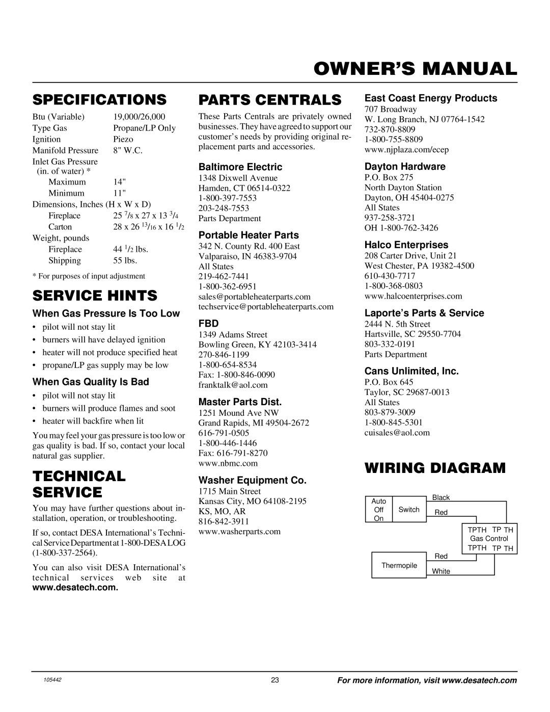 Desa CF26PR installation manual Specifications, Service Hints, Technical Service Parts Centrals, Wiring Diagram 