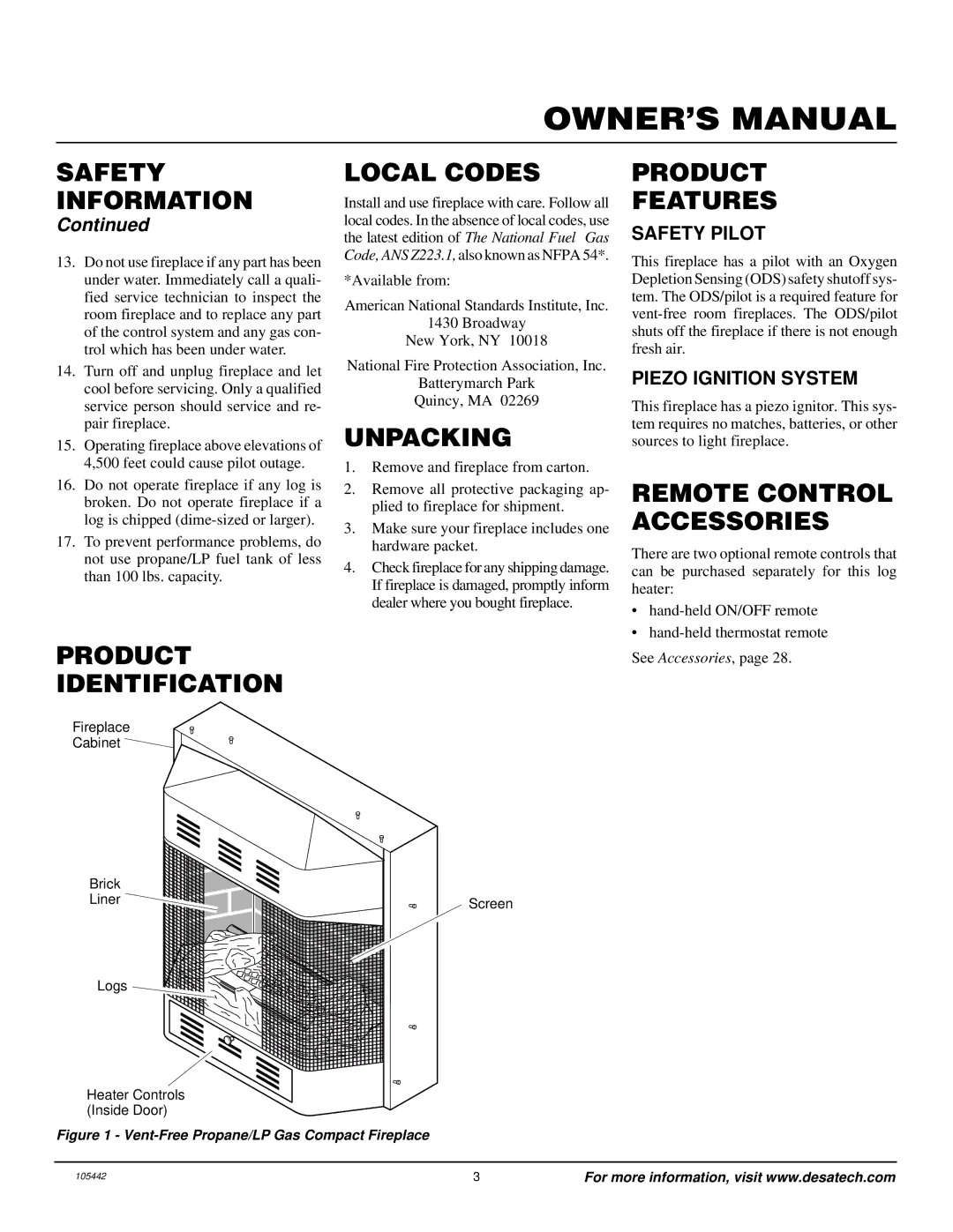 Desa CF26PR Local Codes, Unpacking, Product Features, Remote Control Accessories, Product Identification 