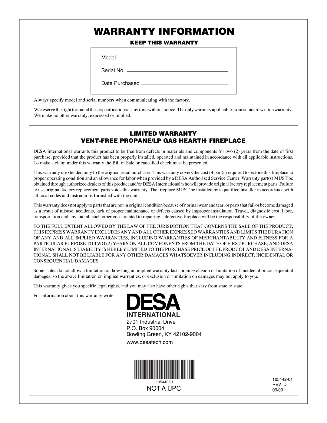 Desa CF26PR installation manual Warranty Information, International 