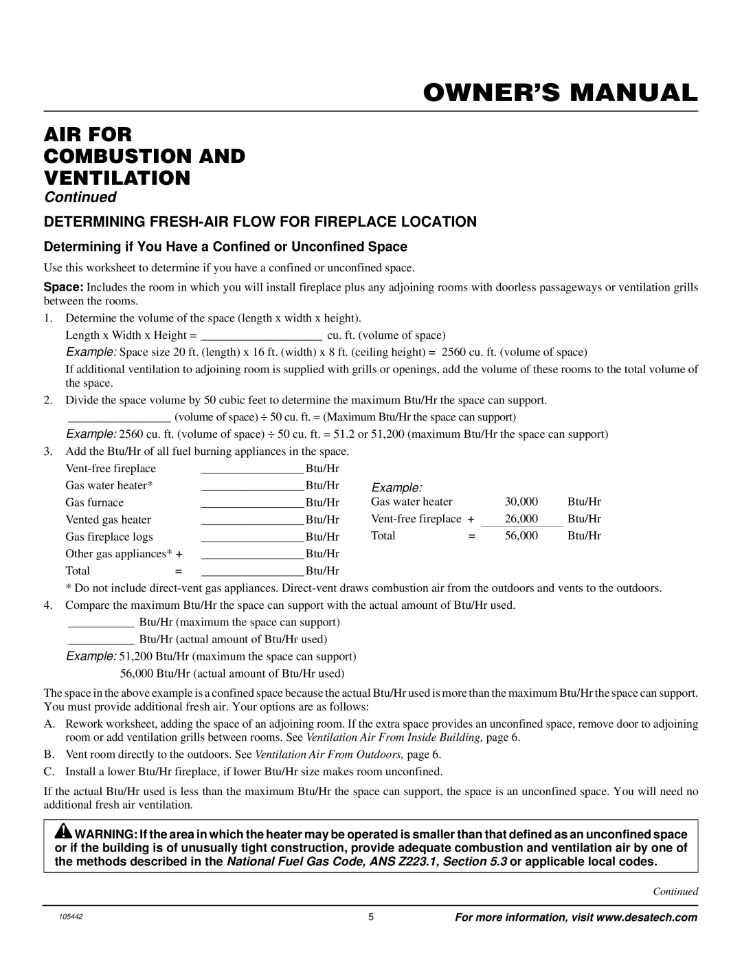 Desa CF26PR installation manual AIR for Combustion Ventilation, Determining FRESH-AIR Flow for Fireplace Location 