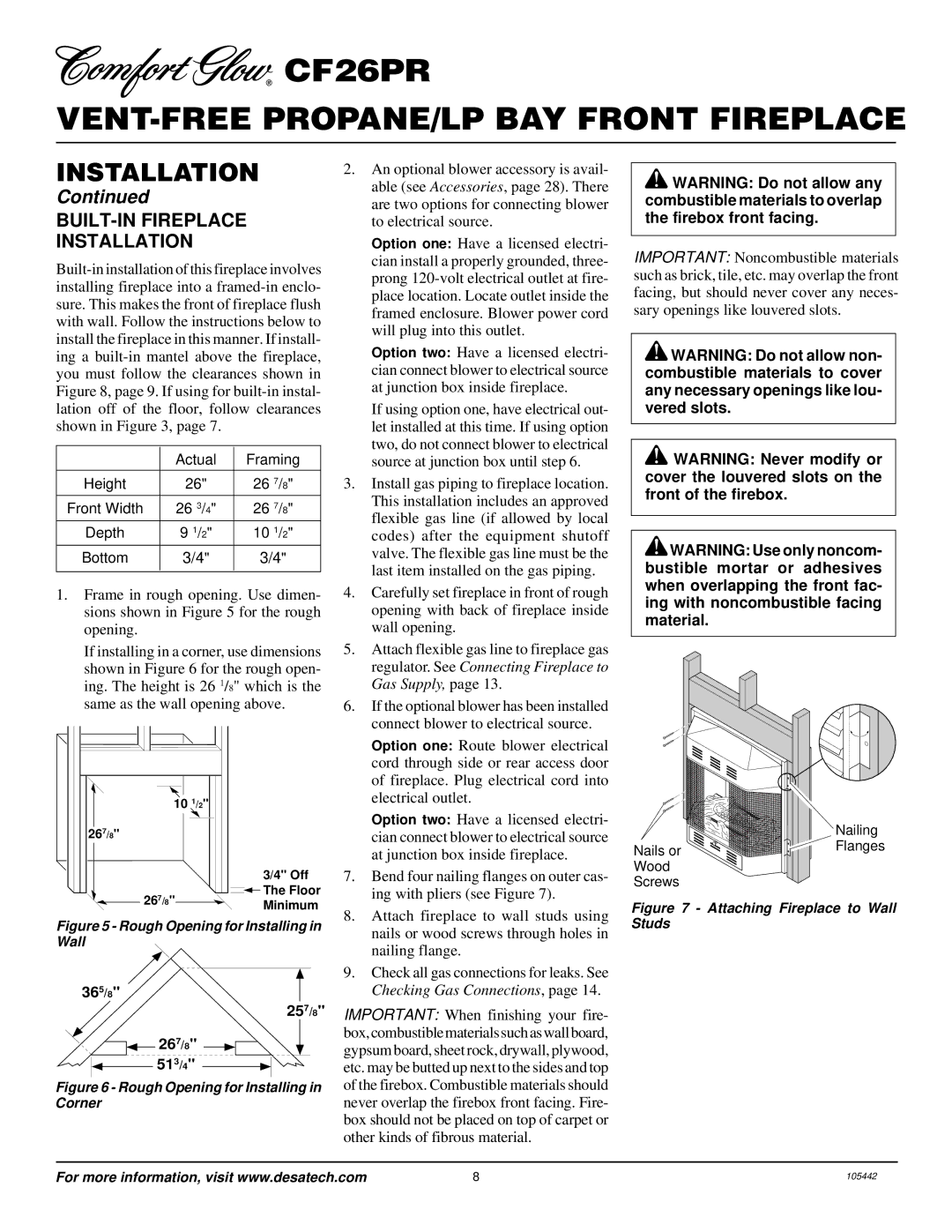 Desa CF26PR installation manual BUILT-IN Fireplace Installation, Depth 