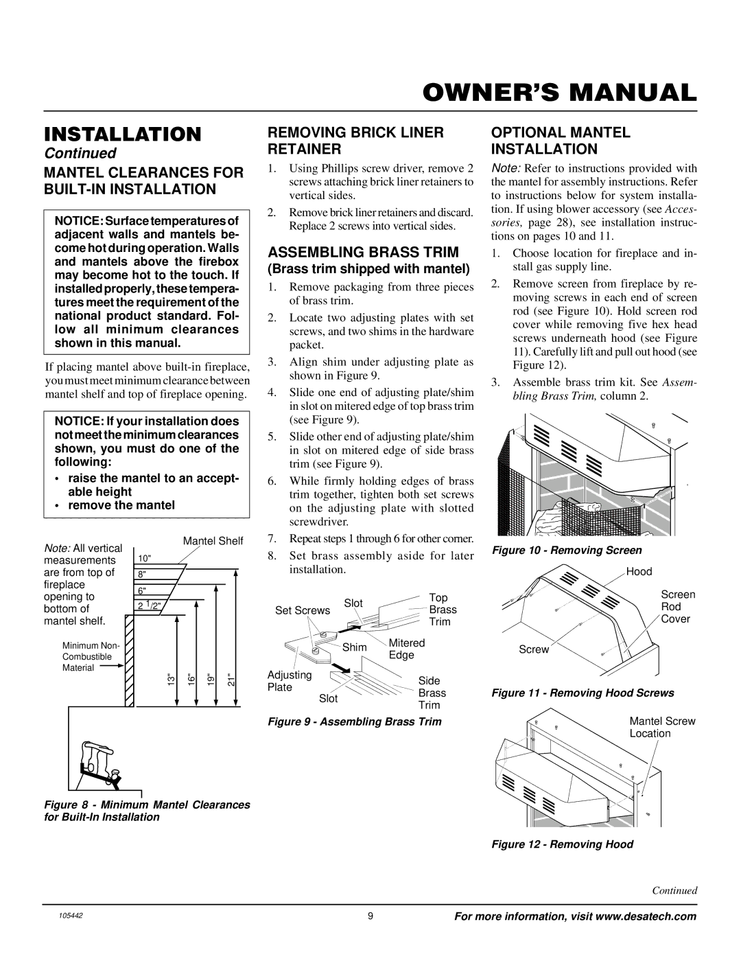 Desa CF26PR Mantel Clearances for BUILT-IN Installation, Removing Brick Liner Retainer, Assembling Brass Trim 