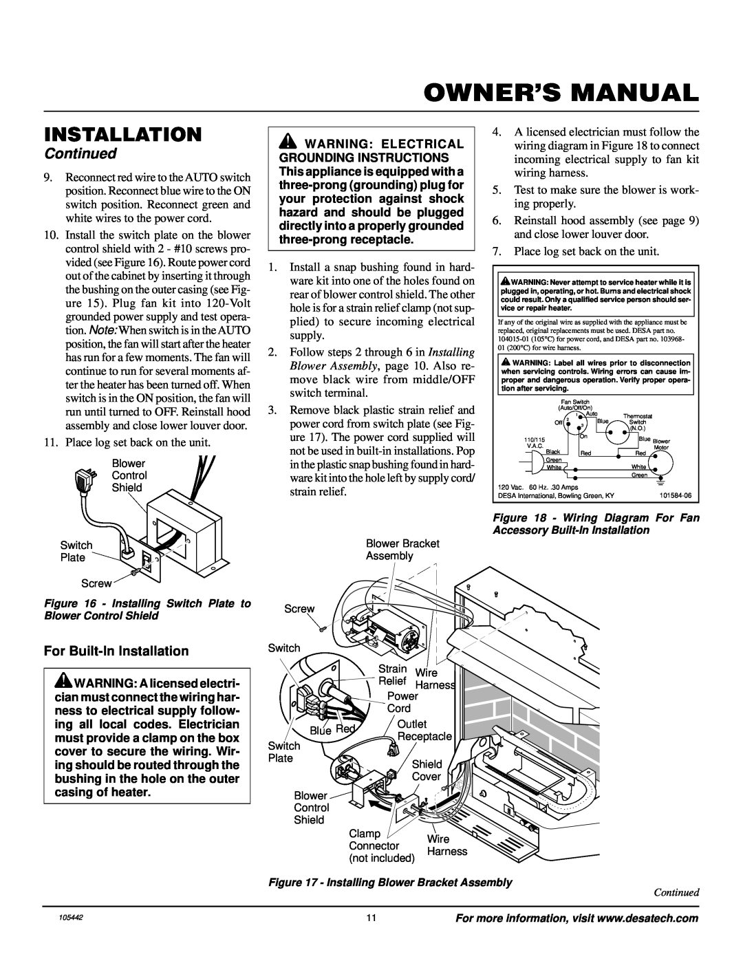 Desa CF26PR installation manual Continued, For Built-InInstallation 
