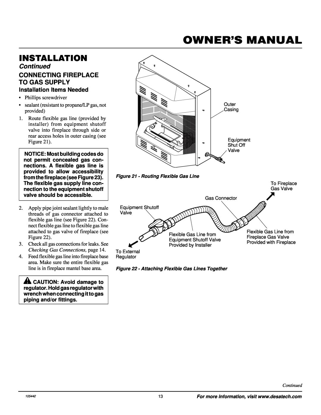 Desa CF26PR installation manual Connecting Fireplace To Gas Supply, Installation, Continued, Checking Gas Connections, page 