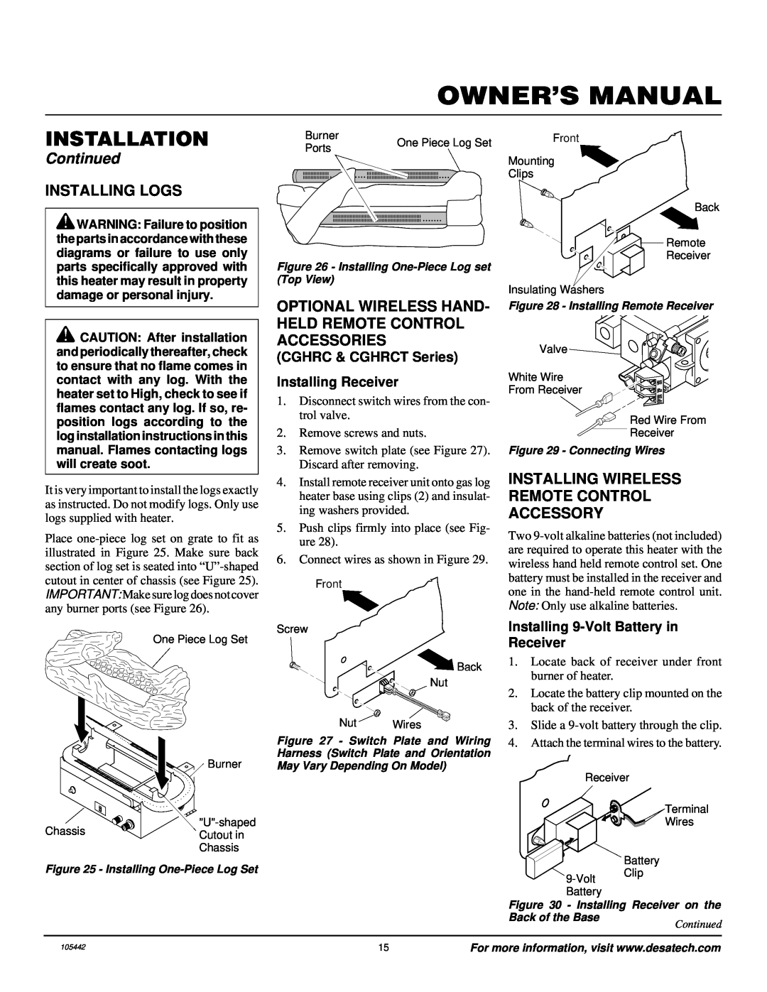 Desa CF26PR installation manual Installing Logs, Installing Wireless Remote Control Accessory, Installation, Continued 