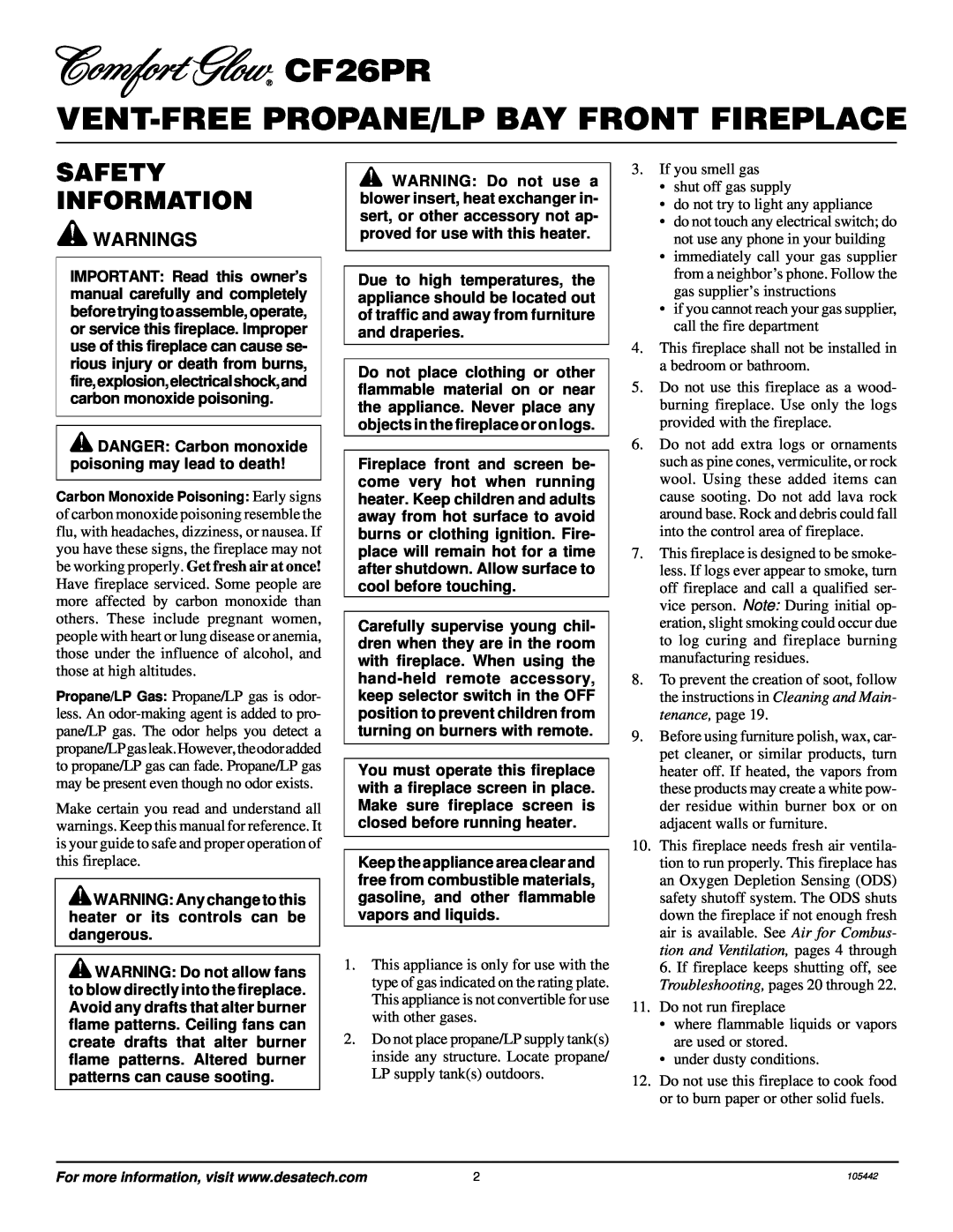 Desa installation manual CF26PR VENT-FREEPROPANE/LP BAY FRONT FIREPLACE, Safety Information, Warnings 