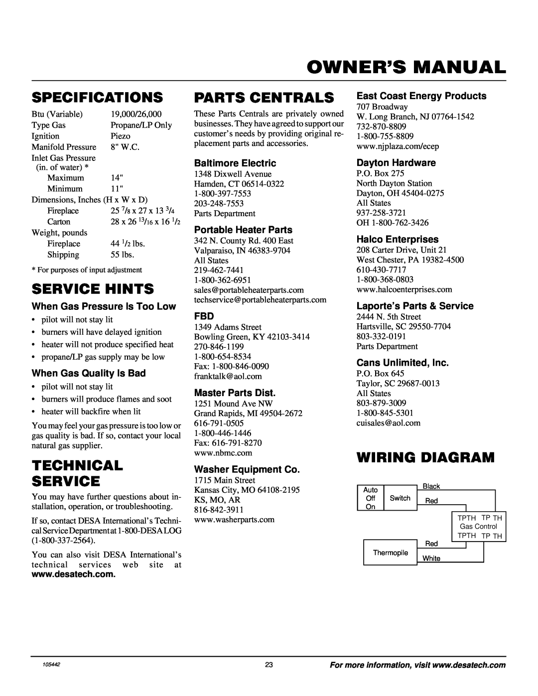 Desa CF26PR installation manual Specifications, Service Hints, Technical Service, Parts Centrals, Wiring Diagram 