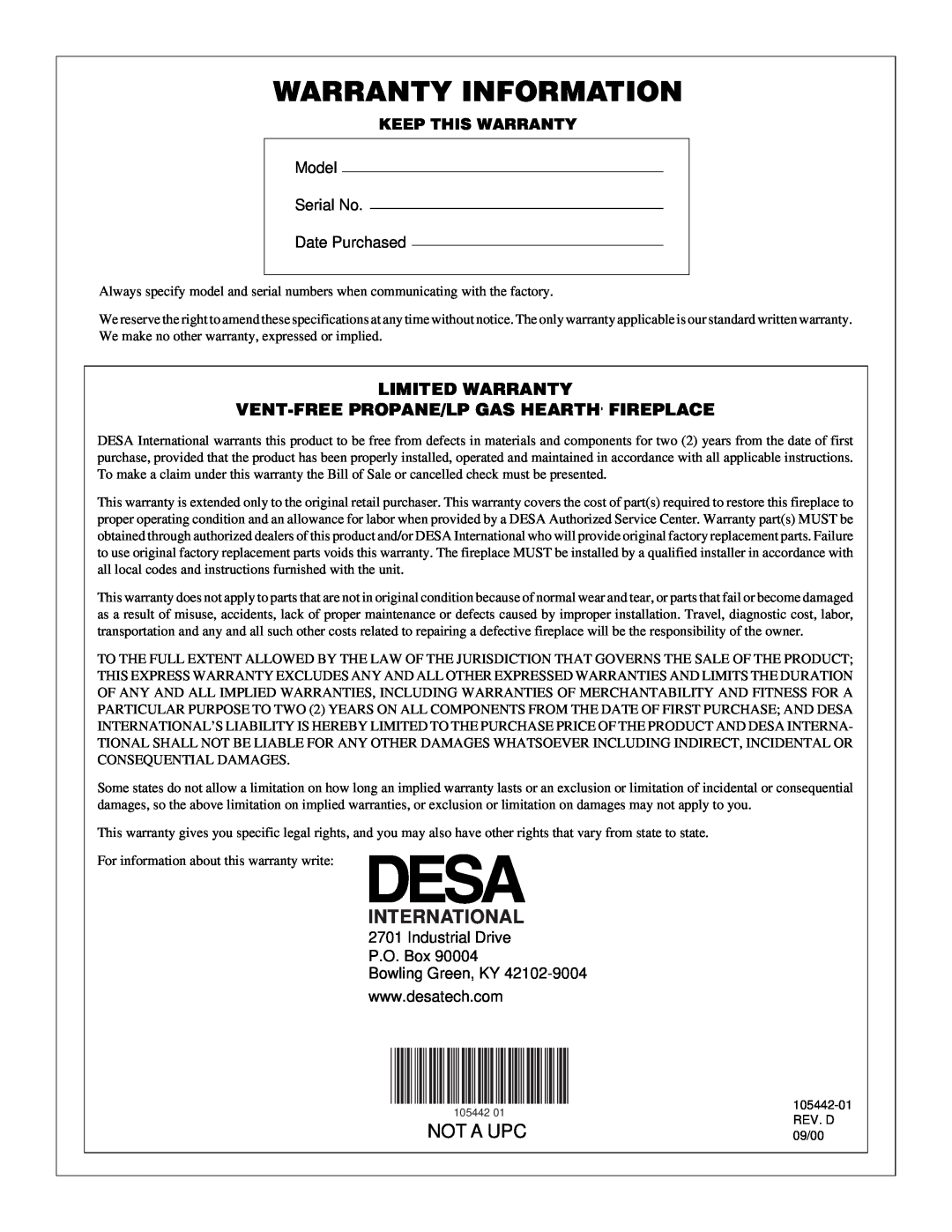 Desa CF26PR installation manual Warranty Information, International, Not A Upc, Model Serial No Date Purchased 