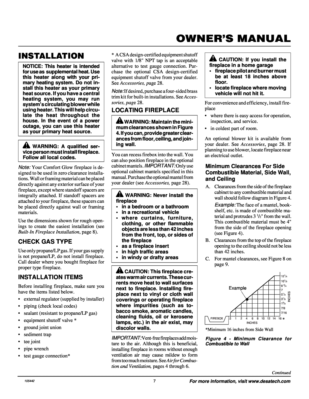 Desa CF26PR installation manual Check Gas Type, Installation Items, Locating Fireplace 