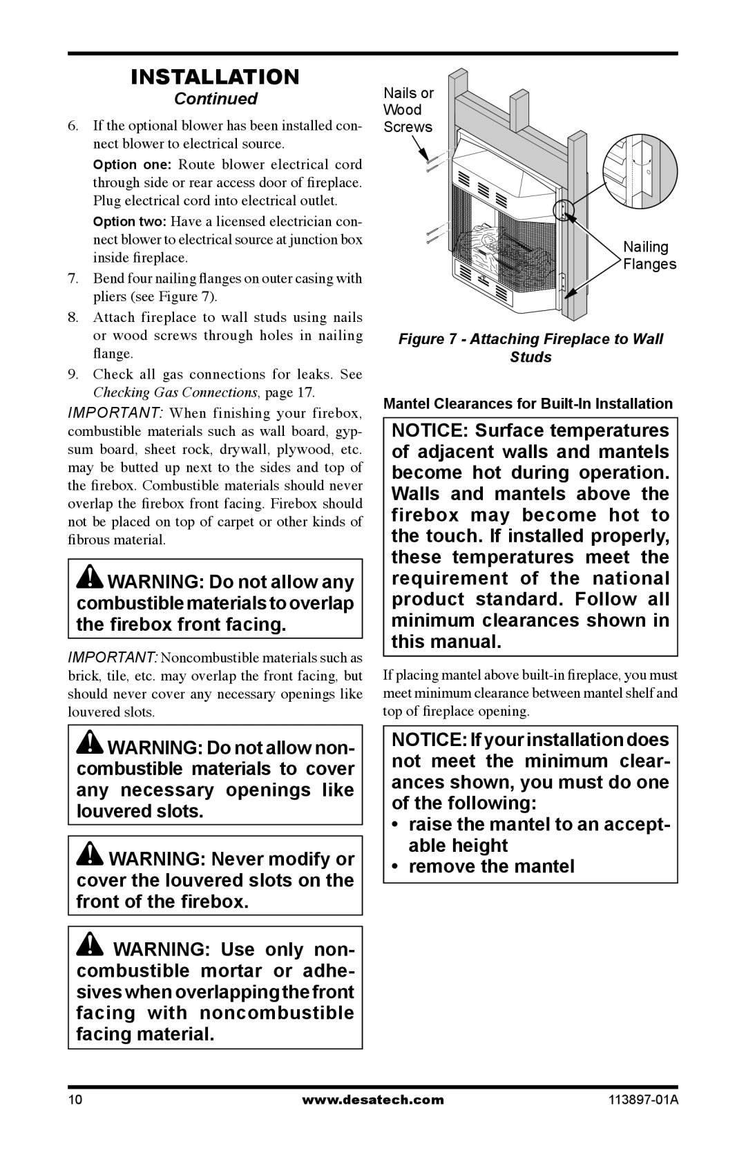 Desa CF26PRA, CF26NRA installation manual Attaching Fireplace to Wall Studs, Mantel Clearances for Built-In Installation 