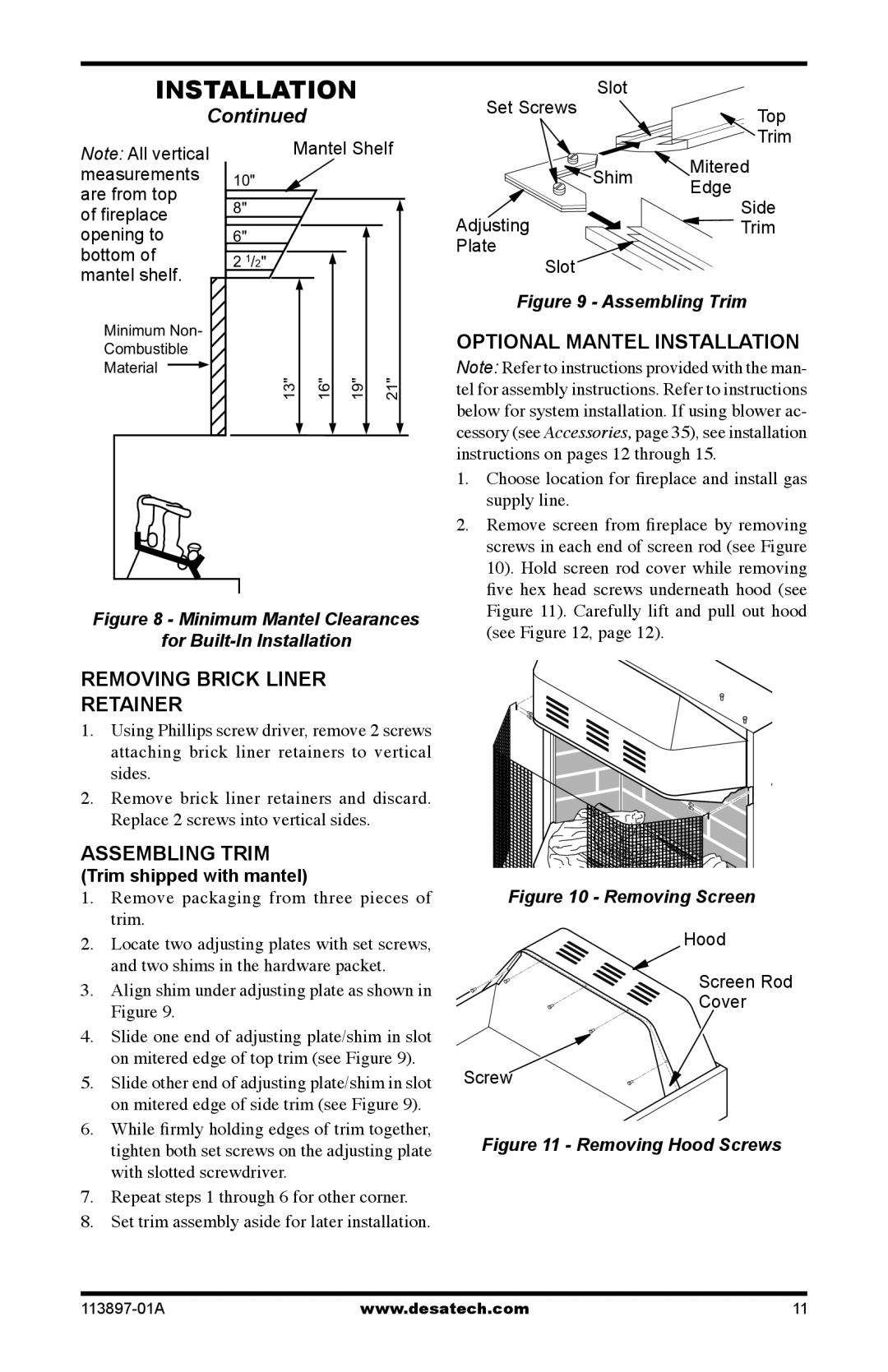 Desa CF26NRA Removing Brick Liner Retainer, Assembling Trim, Optional Mantel Installation, Trim shipped with mantel 