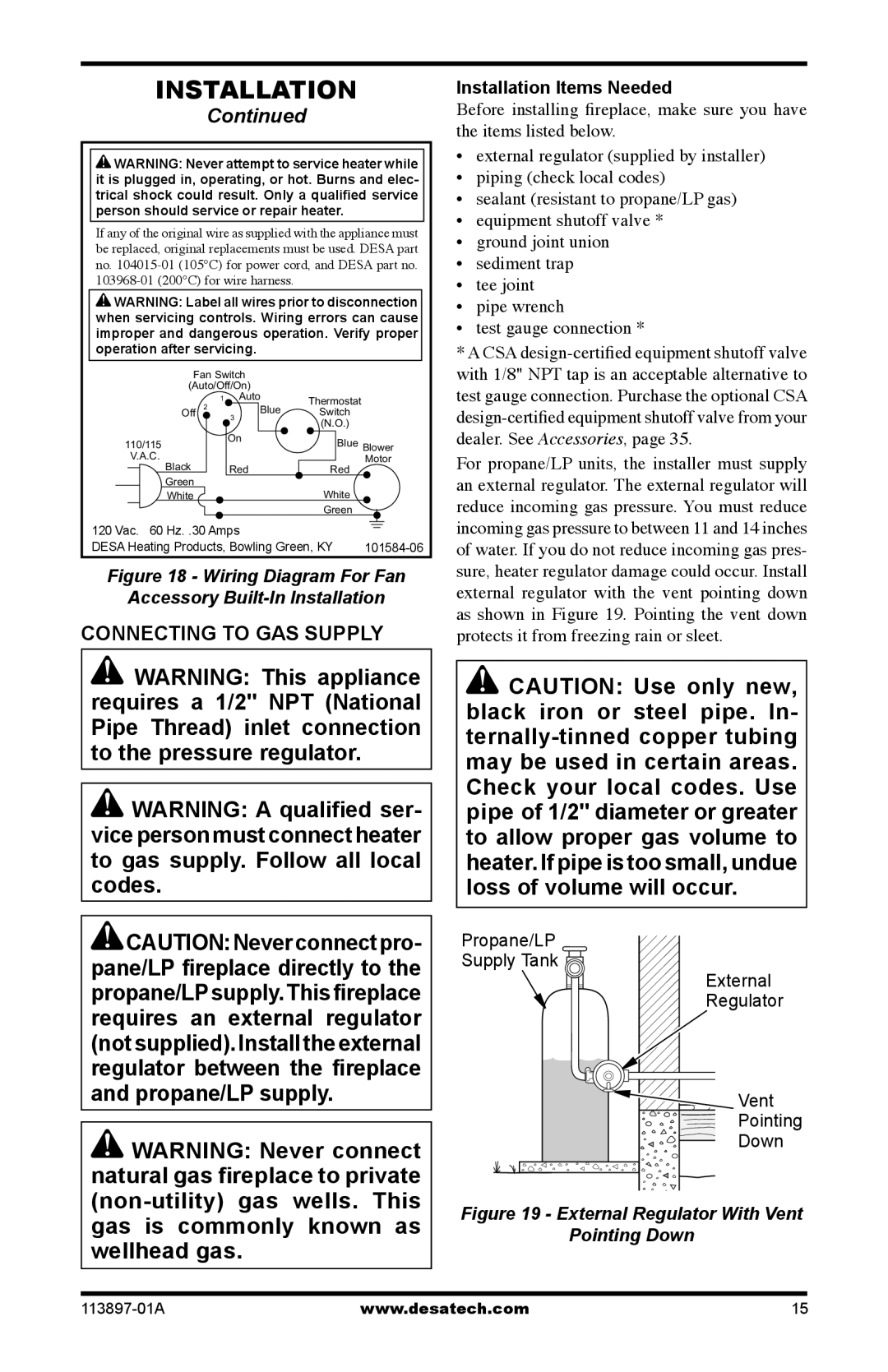 Desa CF26NRA, CF26PRA installation manual Connecting to GAS Supply, Installation Items Needed 