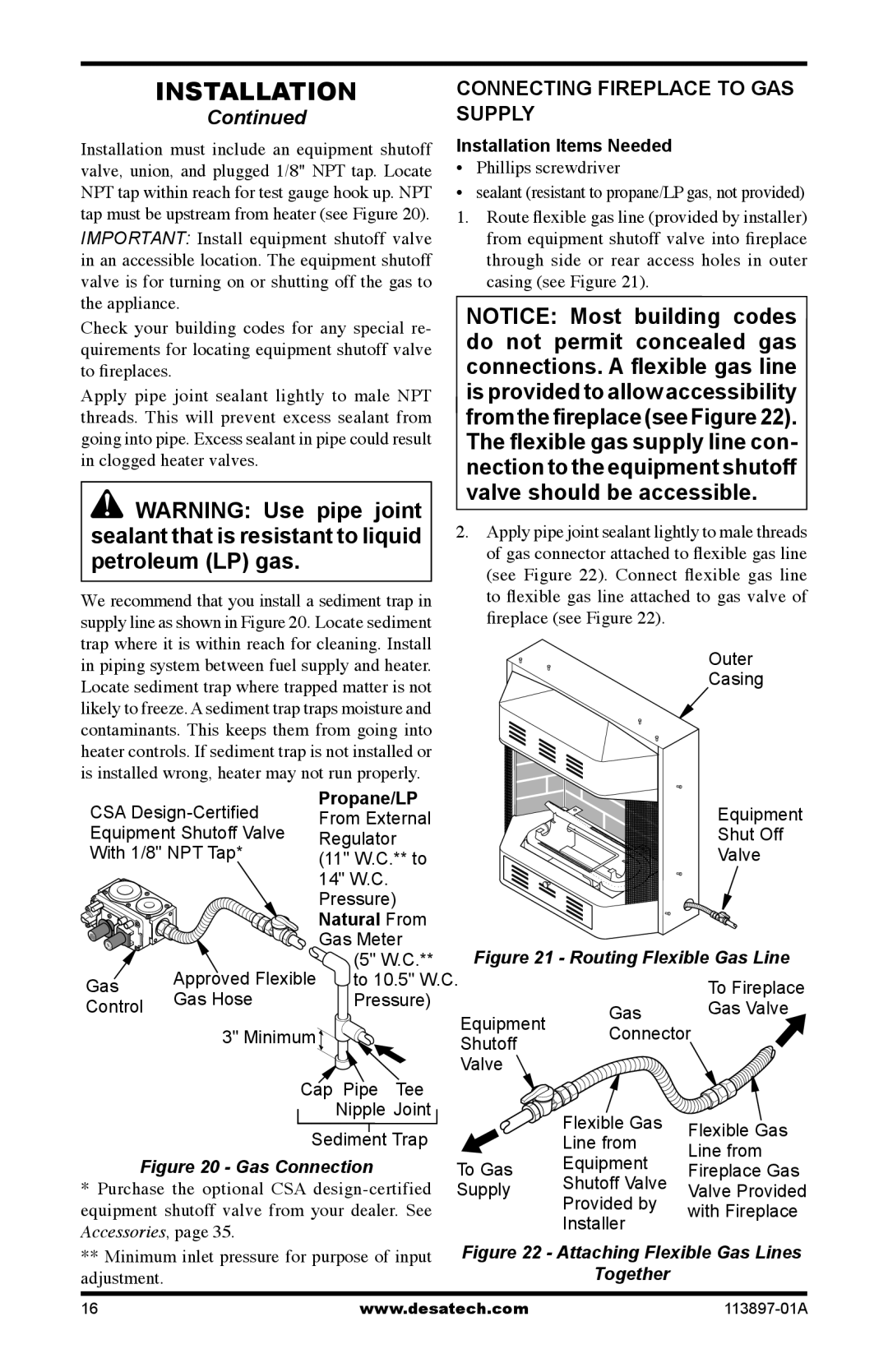 Desa CF26PRA, CF26NRA installation manual Connecting Fireplace to GAS Supply, Propane/LP, Natural From 