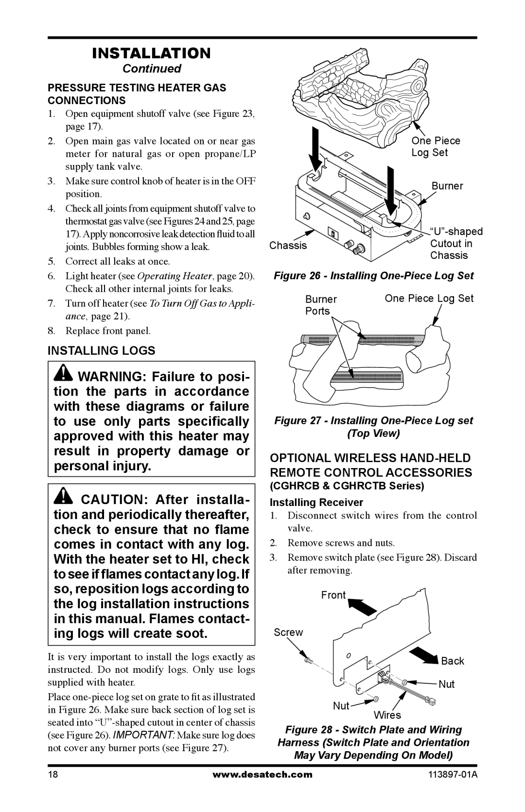 Desa CF26PRA, CF26NRA installation manual Installing Logs, Pressure Testing Heater GAS Connections 