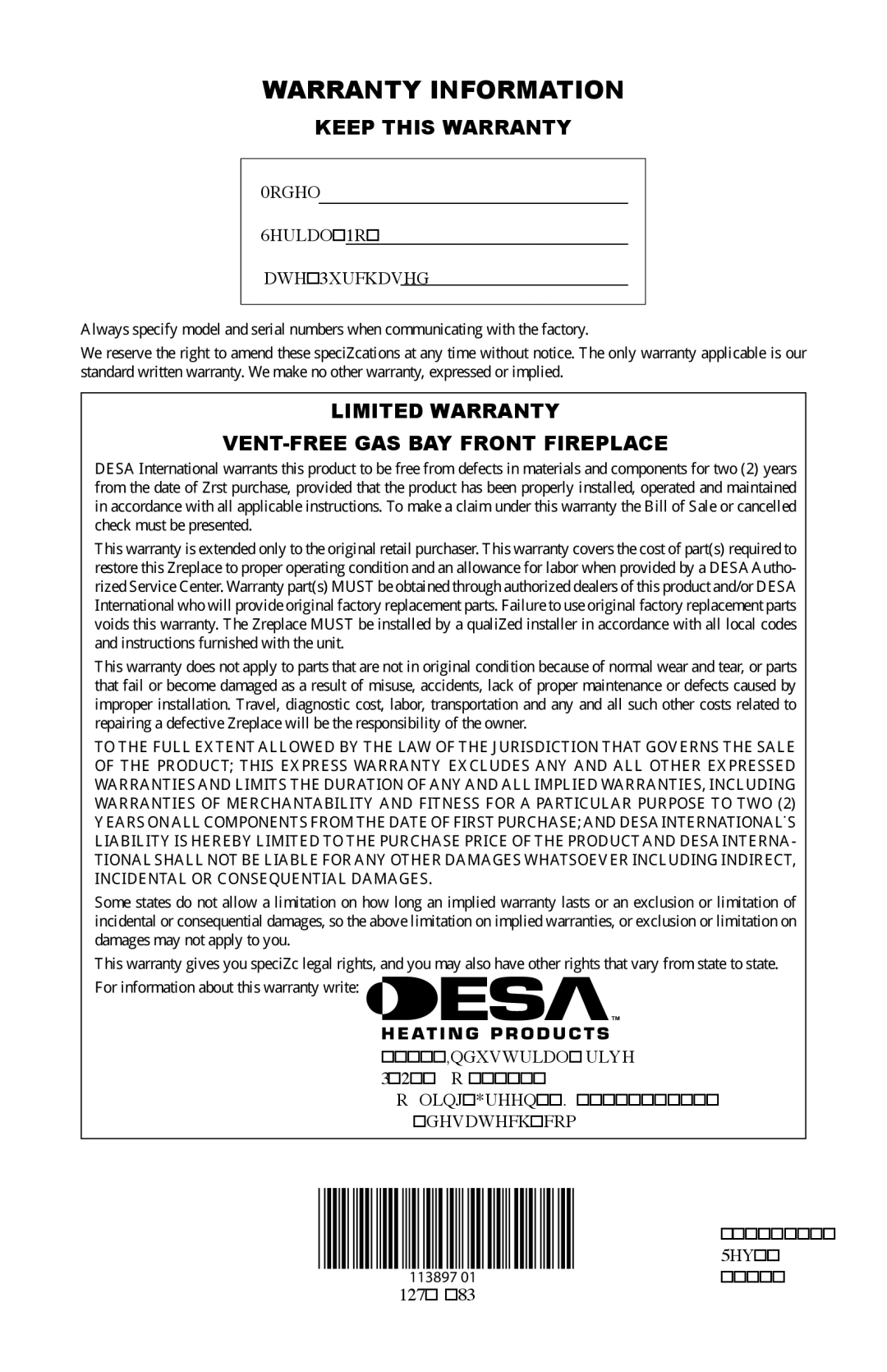 Desa CF26PRA, CF26NRA Warranty Information, Keep this Warranty, Limited Warranty VENT-FREE GAS BAY Front Fireplace 