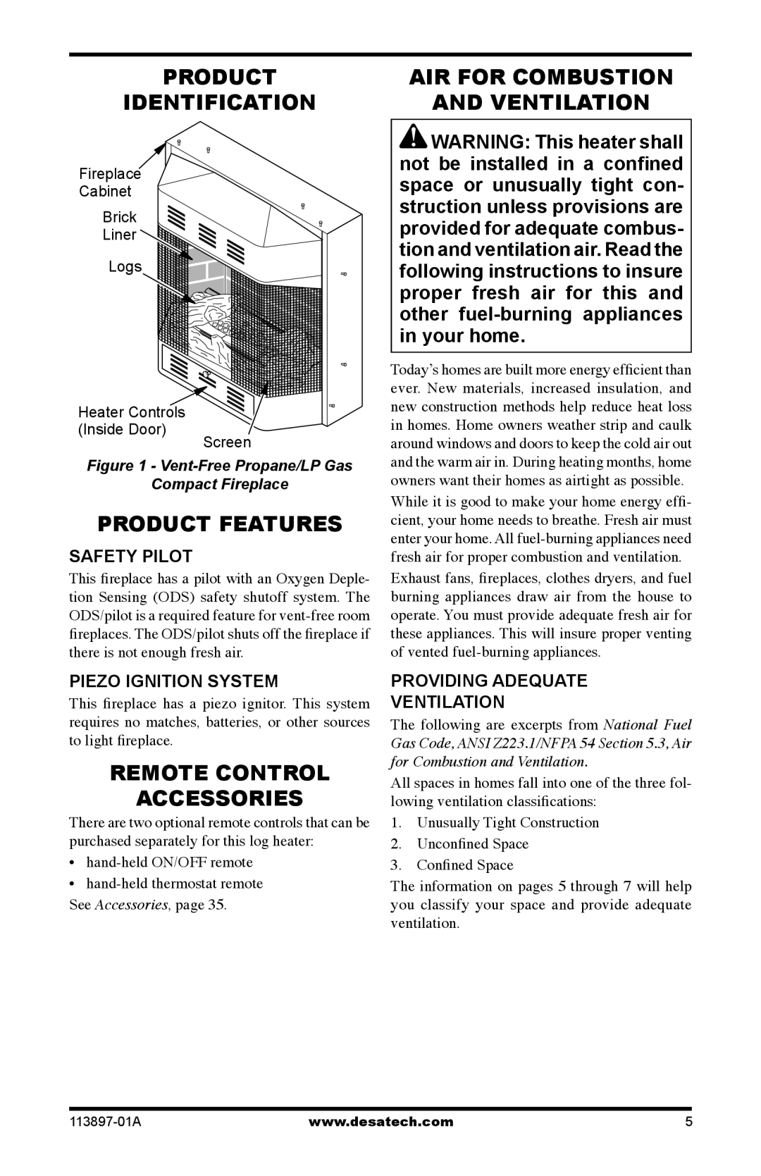 Desa CF26NRA, CF26PRA installation manual Product Identification, Product Features, Remote Control Accessories 