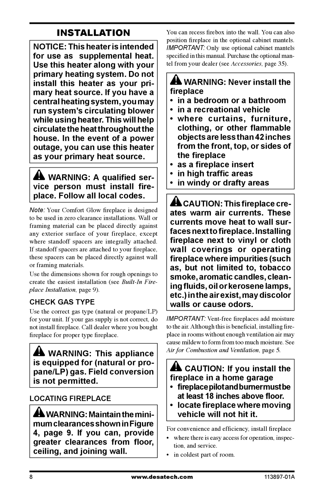 Desa CF26PRA, CF26NRA installation manual Installation, Check GAS Type, Locating Fireplace 
