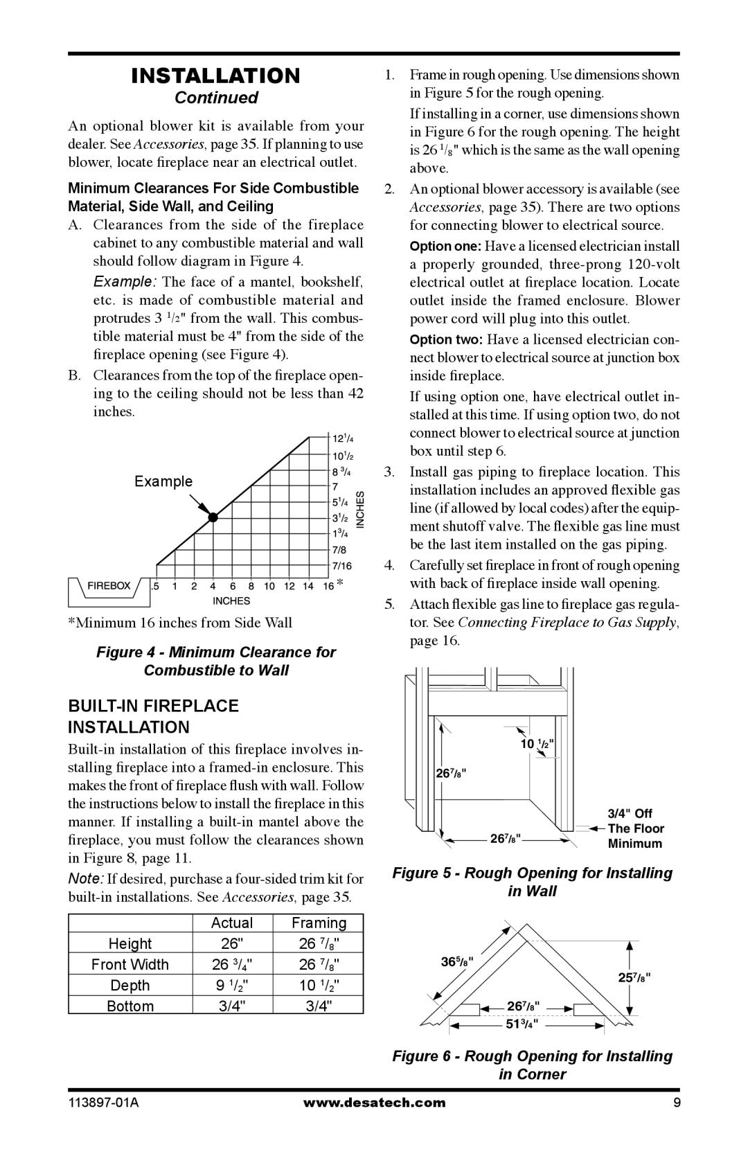 Desa CF26NRA, CF26PRA installation manual BUILT-IN Fireplace Installation, Minimum Clearance for Combustible to Wall 