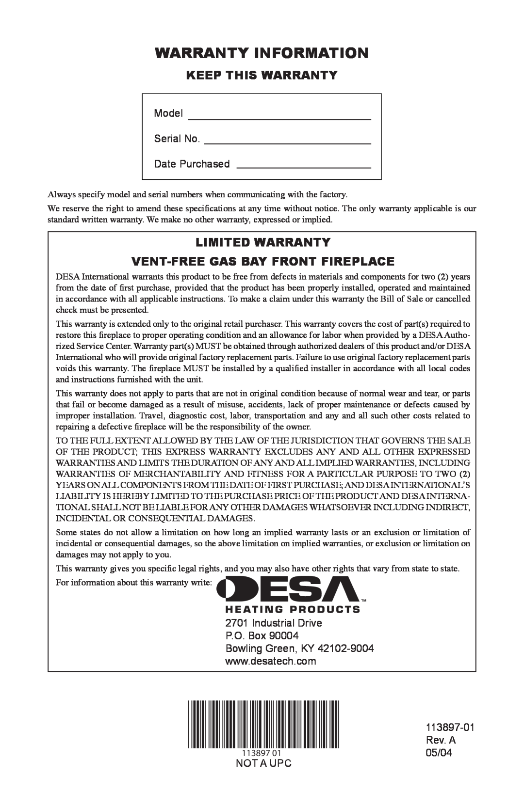 Desa CF26PRA, CF26NRA Warranty Information, Keep This Warranty, Limited Warranty Vent-Freegas Bay Front Fireplace 
