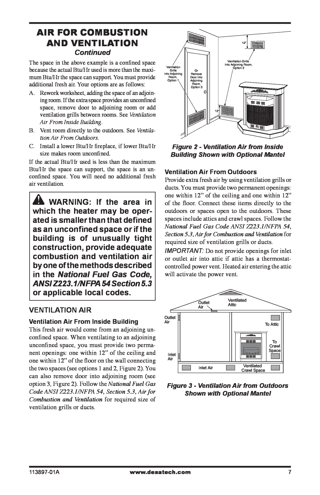 Desa CF26NRA, CF26PRA installation manual Continued, Ventilation Air From Inside Building, Ventilation Air From Outdoors 