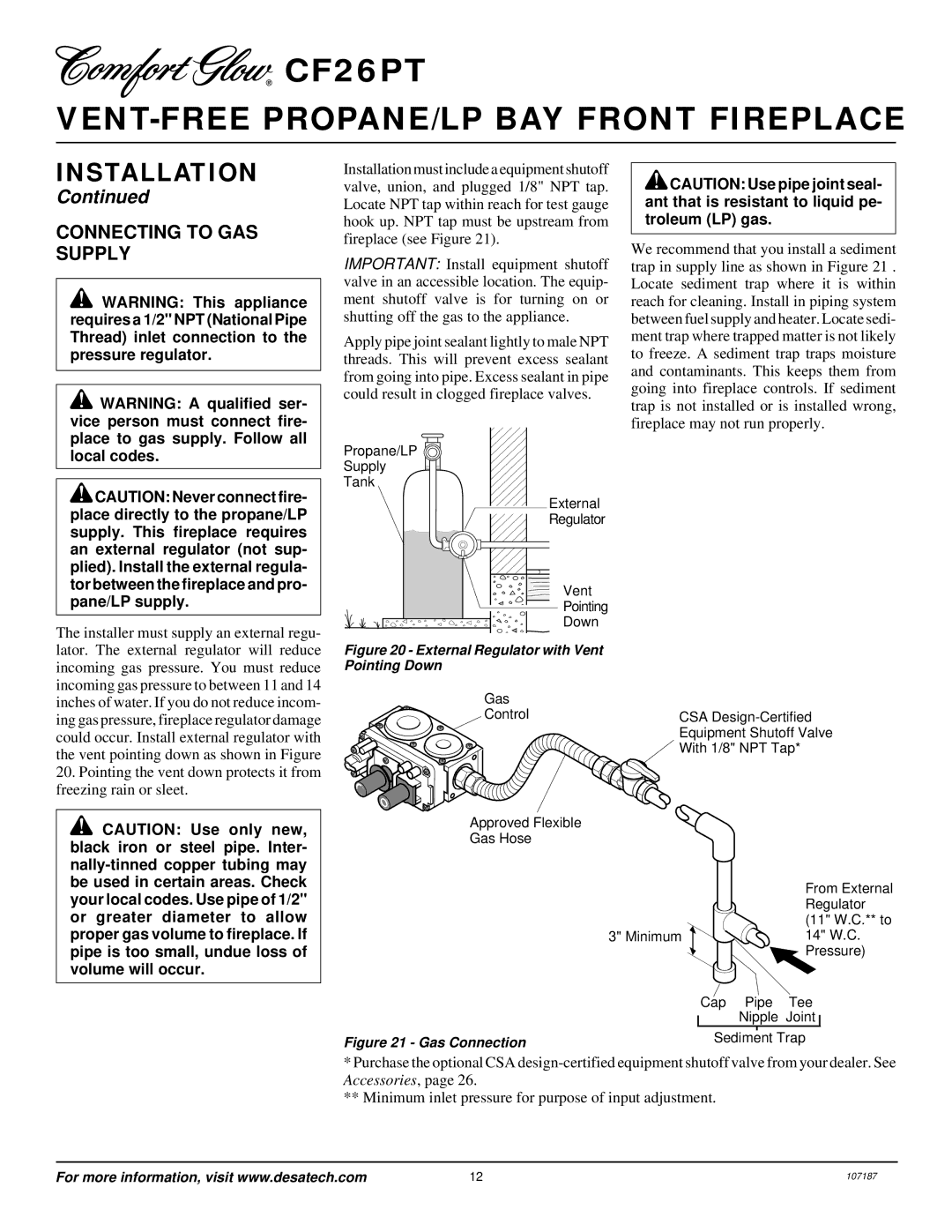 Desa CF26PT installation manual Connecting to GAS Supply, External Regulator with Vent Pointing Down 