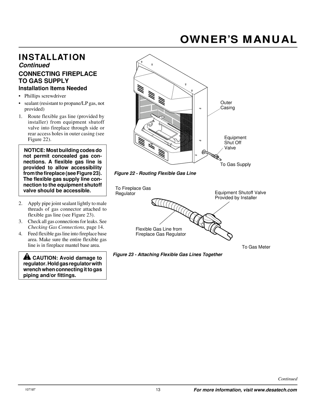 Desa CF26PT installation manual Connecting Fireplace to GAS Supply, Installation Items Needed 