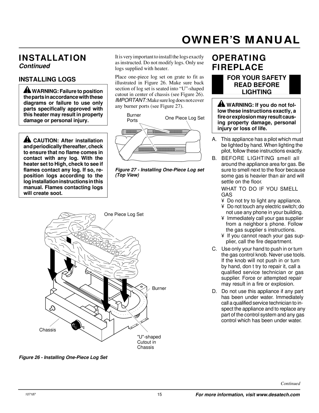 Desa CF26PT installation manual Operating Fireplace, Installing Logs, For Your Safety Read Before Lighting 