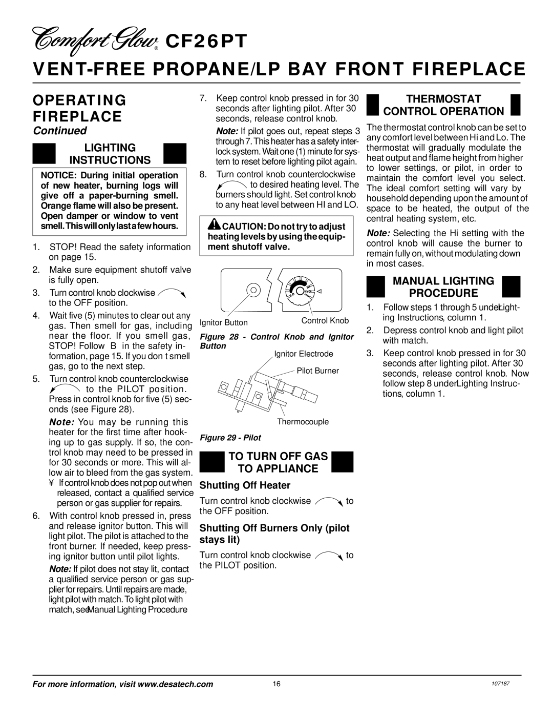 Desa CF26PT Lighting Instructions, To Turn OFF GAS To Appliance, Thermostat Control Operation, Manual Lighting Procedure 