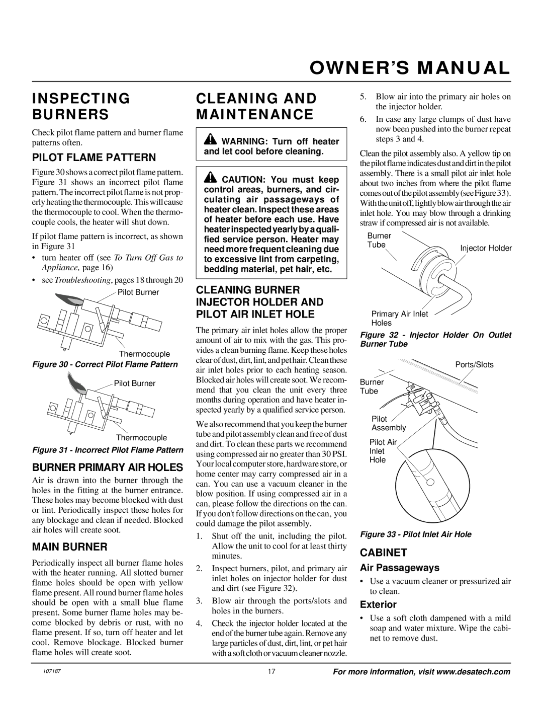 Desa CF26PT installation manual Inspecting Burners, Cleaning and Maintenance 