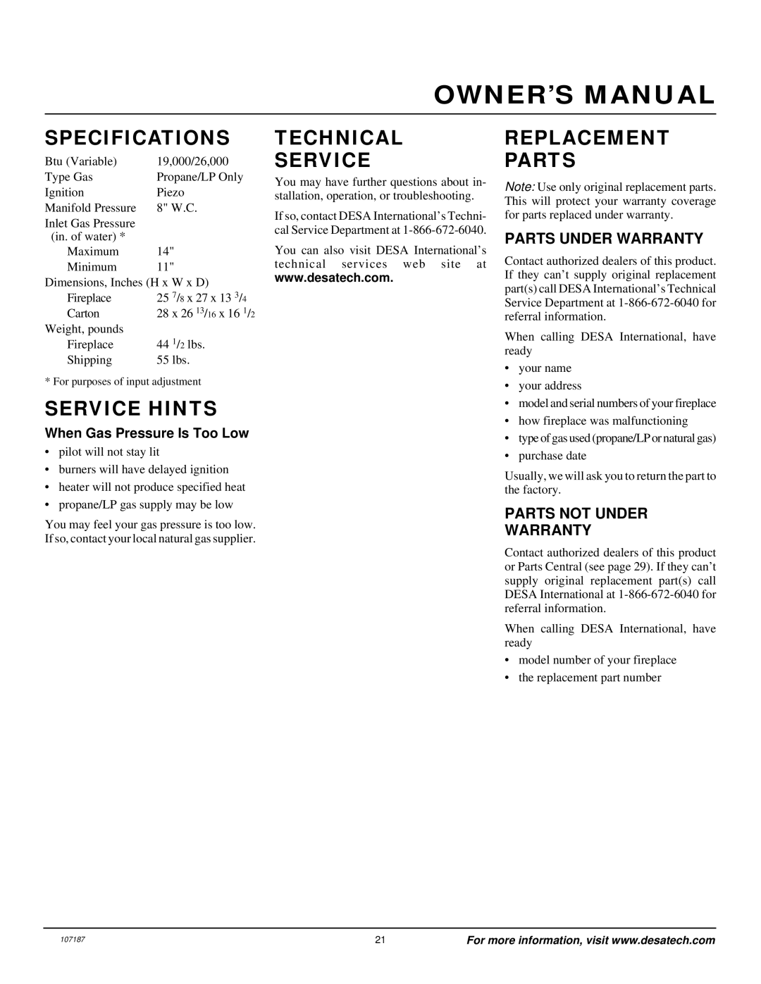 Desa CF26PT installation manual Specifications, Service Hints, Technical Service, Replacement Parts 