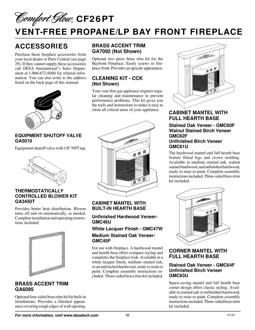 Desa CF26PT Accessories, Cleaning KIT CCK, Cabinet Mantel with Full Hearth Base, Brass Accent Trim GA6095 