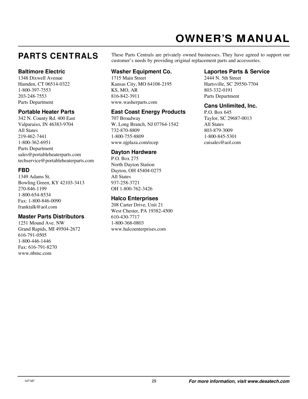 Desa CF26PT installation manual Parts Centrals 