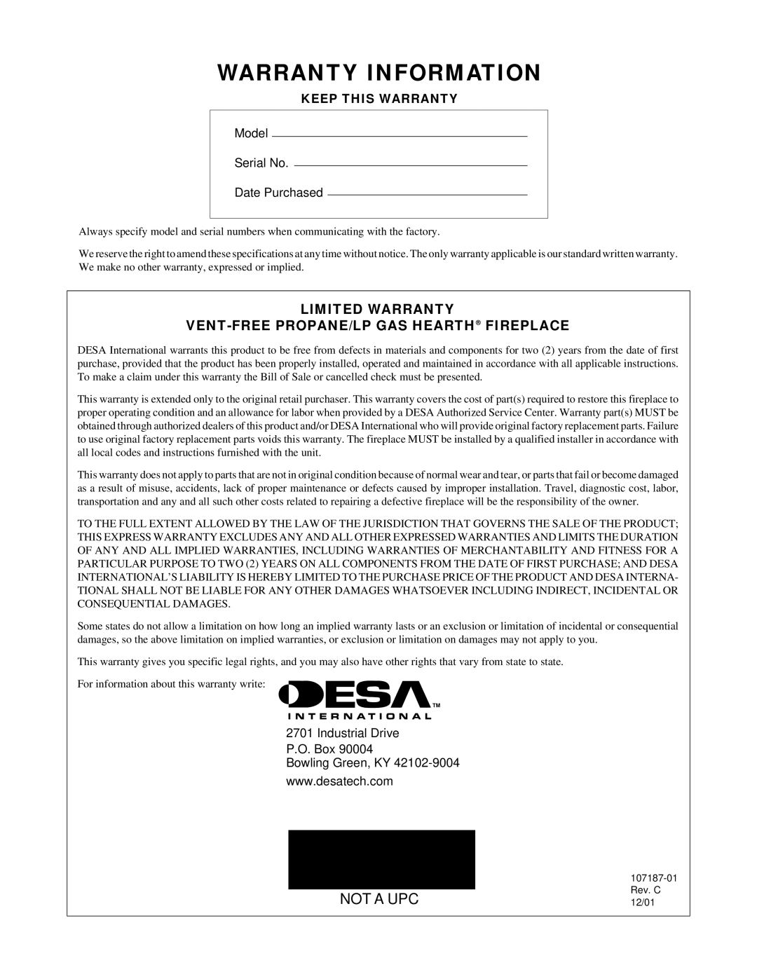 Desa CF26PT installation manual Warranty Information 