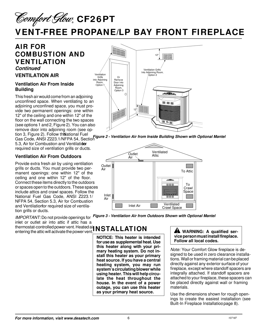 Desa CF26PT Installation, Ventilation AIR, Ventilation Air From Inside Building, Ventilation Air From Outdoors 