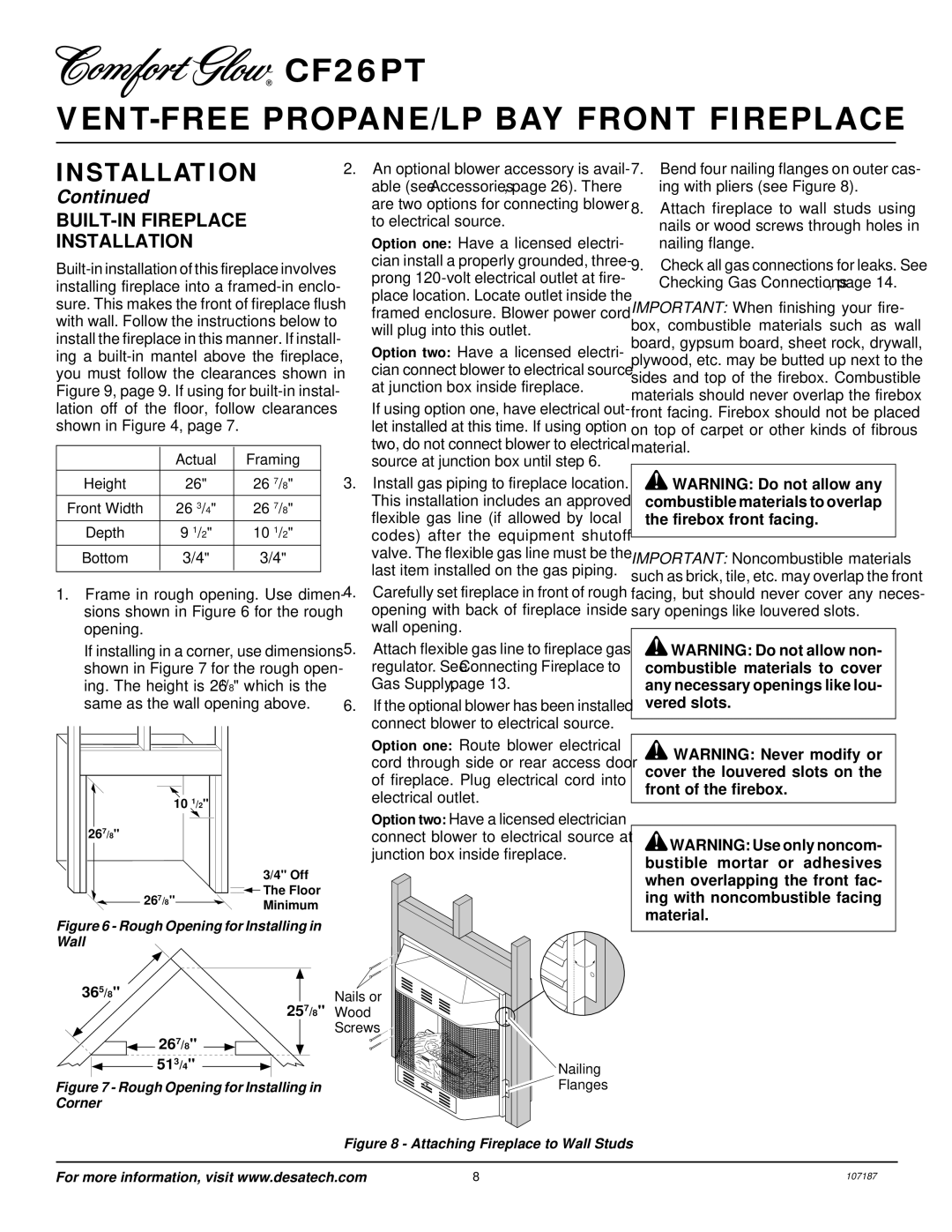 Desa CF26PT installation manual BUILT-IN Fireplace Installation, Depth 