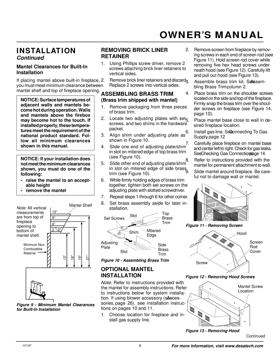 Desa CF26PT installation manual Removing Brick Liner Retainer, Assembling Brass Trim, Optional Mantel Installation 