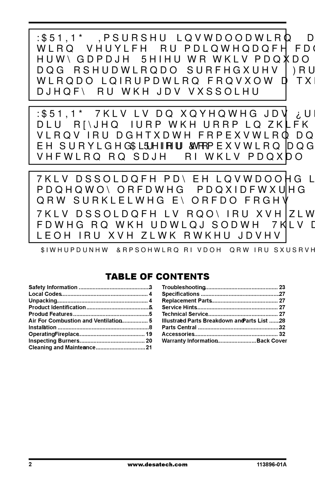 Desa CF26PTA installation manual Table of Contents 