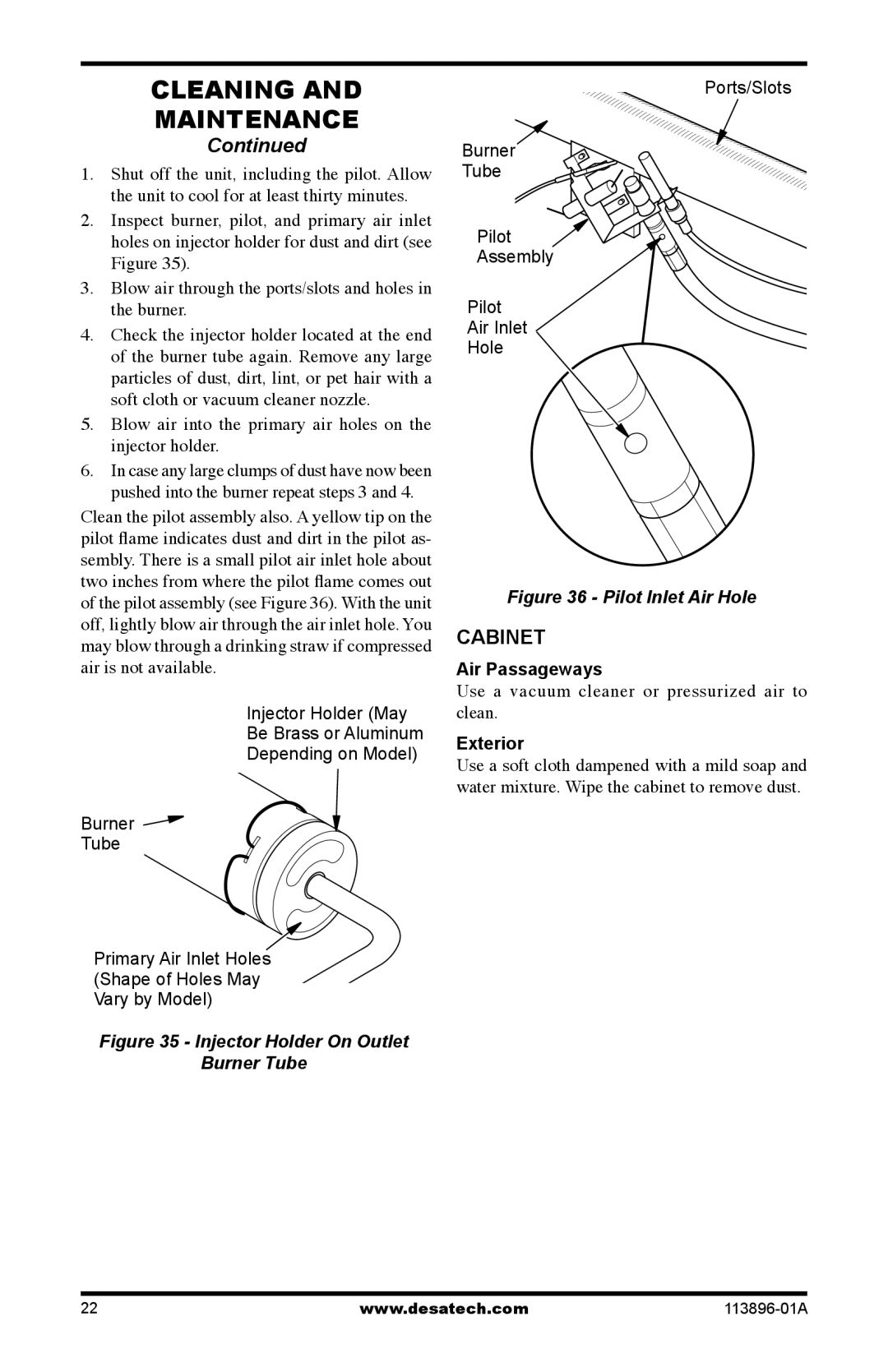 Desa CF26PTA installation manual Cabinet, Blow air into the primary air holes on the injector holder 