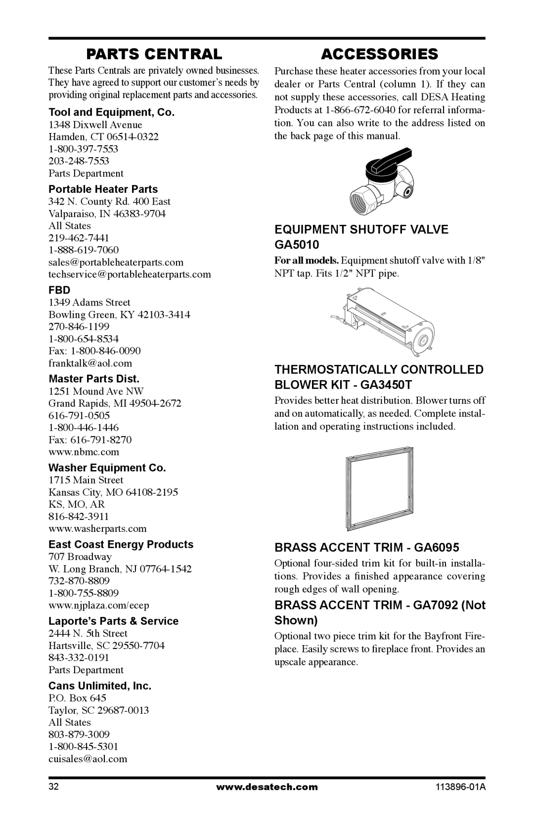 Desa CF26PTA Parts Central, Accessories, Equipment Shutoff Valve GA5010, Thermostatically Controlled Blower KIT GA3450T 