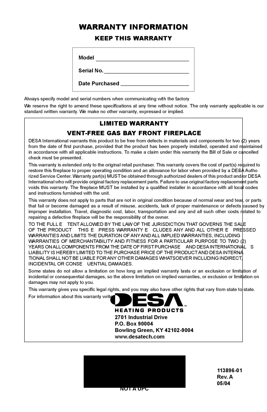 Desa CF26PTA Warranty Information, Keep this Warranty, Limited Warranty VENT-FREE GAS BAY Front Fireplace 