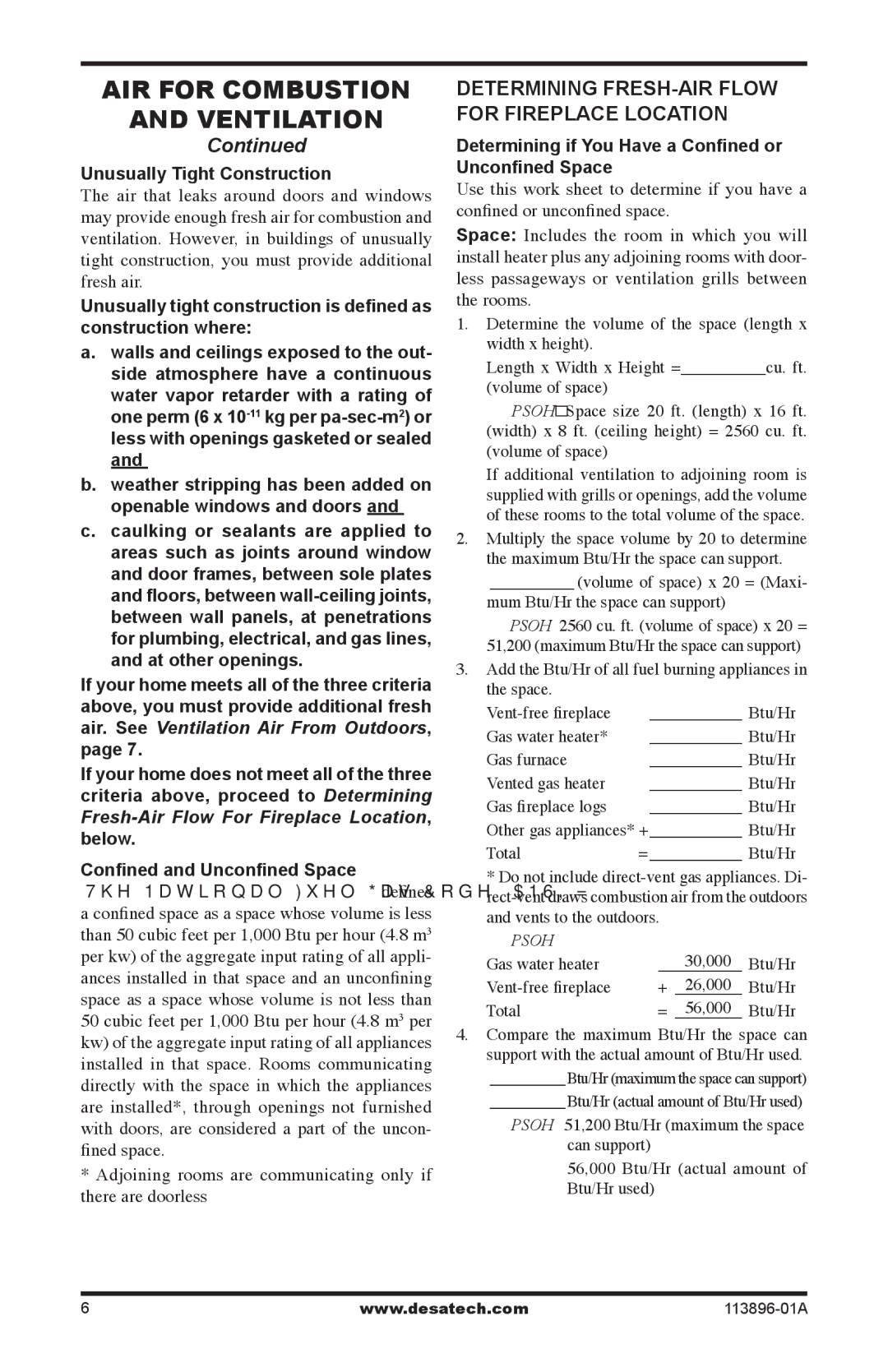 Desa CF26PTA installation manual AIR for Combustion Ventilation, Determining FRESH-AIR Flow for Fireplace Location 