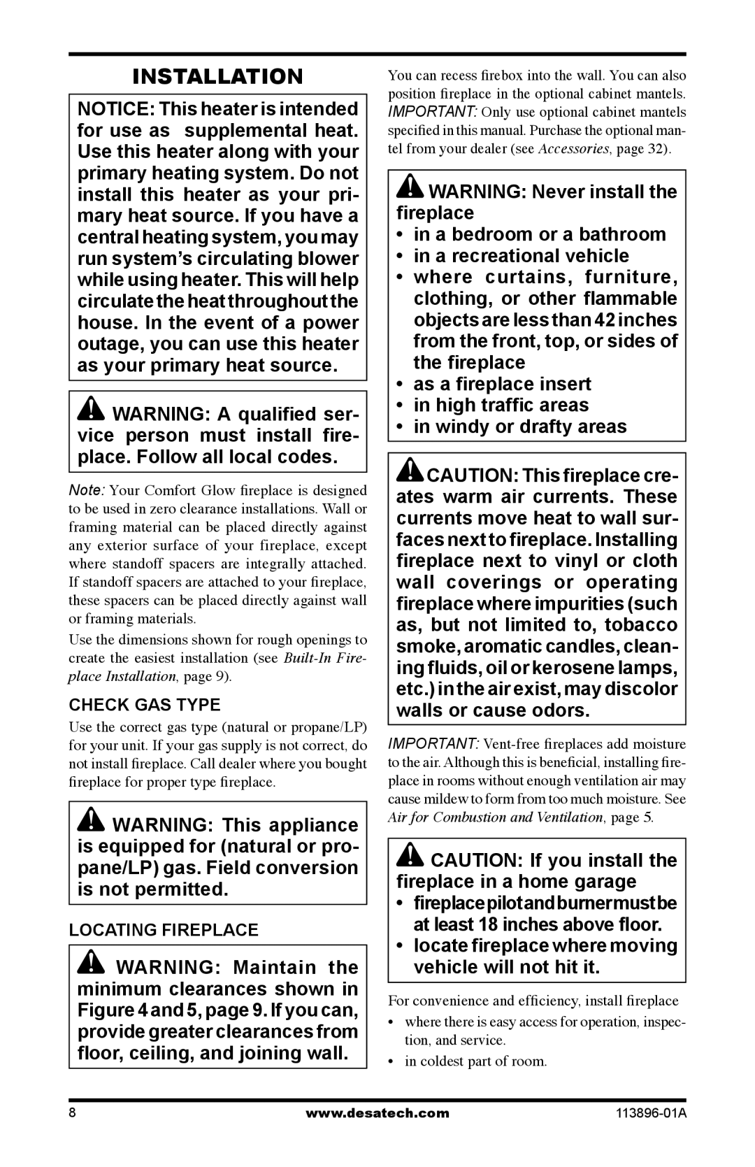 Desa CF26PTA installation manual Installation, Check GAS Type, Locating Fireplace 