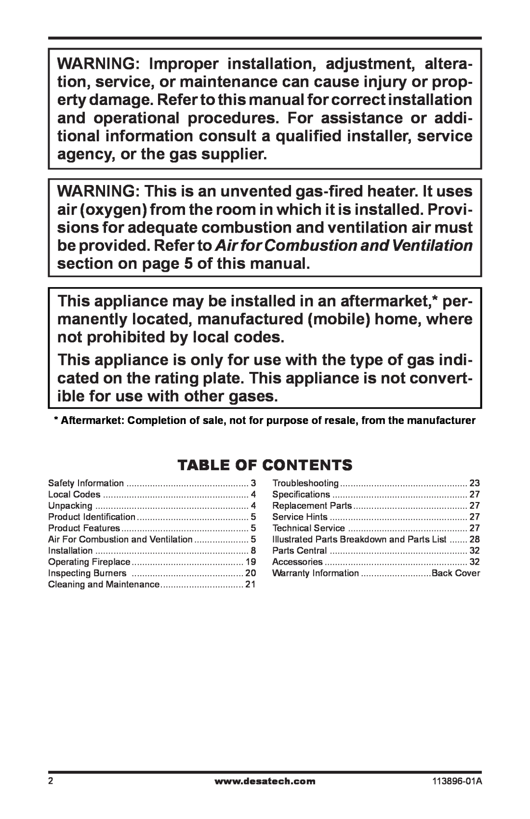 Desa CF26PTA installation manual Table Of Contents, 113896-01A 