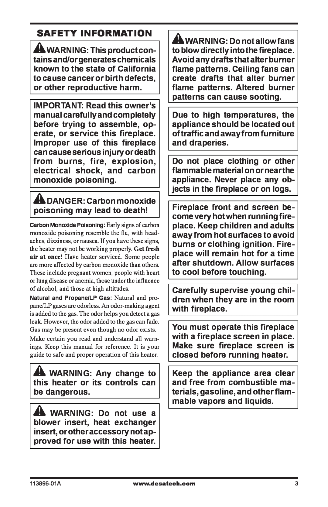 Desa CF26PTA installation manual Safety Information, DANGER Carbon monoxide poisoning may lead to death 
